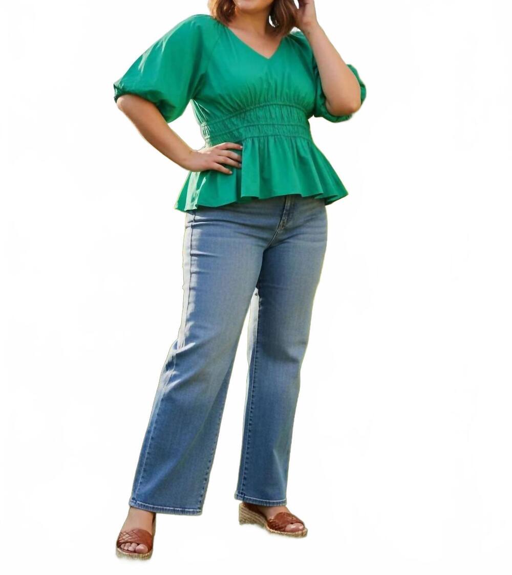 NEW SHE + SKY women's half bubble sleeve v neck woven top in green